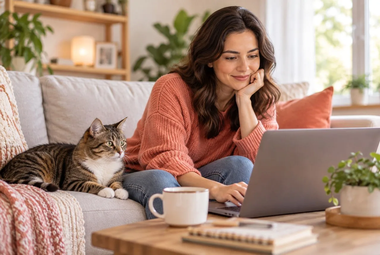 Owner comparing information on a laptop beside a tabby cat on a sofa
