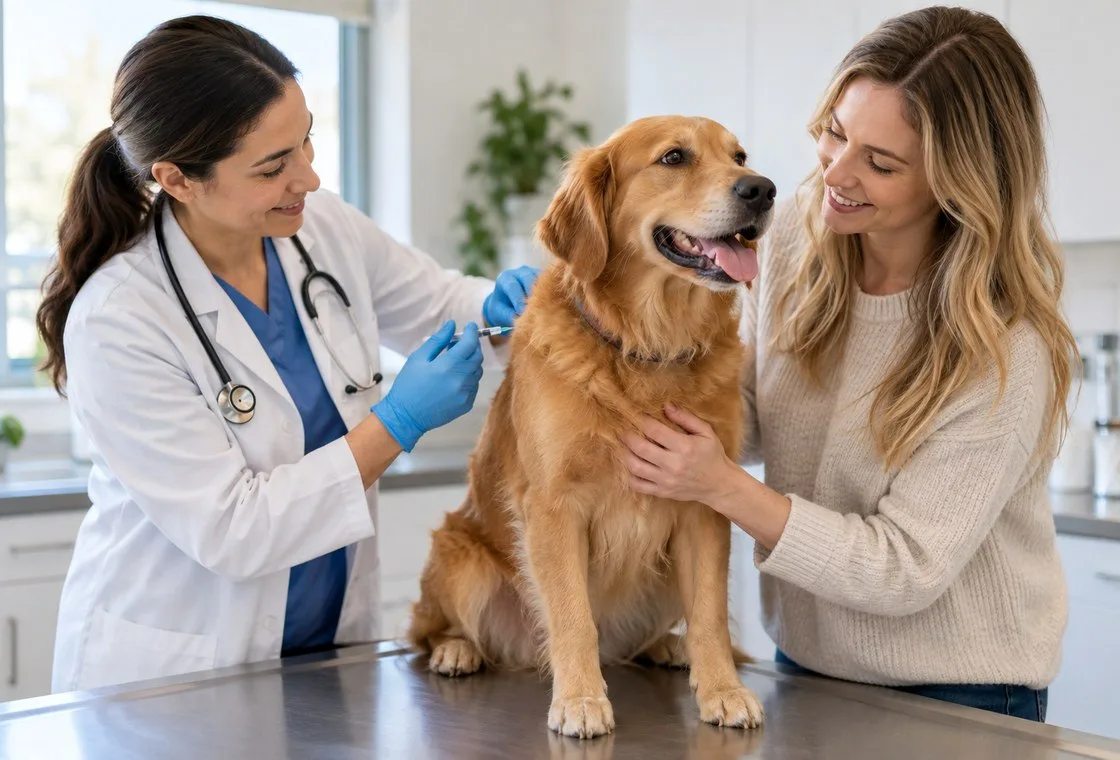 Veterinarian preparing a vaccination for a dog held by its owner